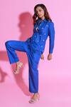 Buy_Echke_Blue Cotton Crystals, Stones Split V-neck Embroidered Shirt And Pant Set _Online_at_Aza_Fashions