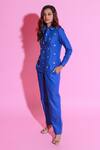 Shop_Echke_Blue Cotton Crystals, Stones Split V-neck Embroidered Shirt And Pant Set _Online_at_Aza_Fashions