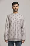 Arihant Rai Sinha_Grey Cotton Print Geometric Short Kurta _Online_at_Aza_Fashions