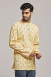 Buy_Arihant Rai Sinha_Yellow Cotton Print Geometric Short Kurta _Online_at_Aza_Fashions