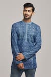 Buy_Arihant Rai Sinha_Blue Denim Print Geometric Full Sleeve Short Kurta _at_Aza_Fashions