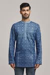 Arihant Rai Sinha_Blue Denim Print Geometric Full Sleeve Short Kurta _Online_at_Aza_Fashions