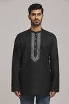 Arihant Rai Sinha_Black Cotton, Silk Embroidery Geometric Placket Print Kurta _Online_at_Aza_Fashions
