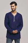 Buy_Arihant Rai Sinha_Blue Cotton Silk Placement Embroidery Floral Neckline Short Kurta _at_Aza_Fashions