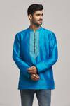 Buy_Arihant Rai Sinha_Blue Cotton, Silk Embroidery Placement Scallop Print Kurta _at_Aza_Fashions