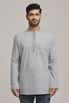 Shop_Arihant Rai Sinha_Grey Poly Cotton Embroidered Pinstriped Pattern Short Kurta _Online_at_Aza_Fashions