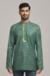 Shop_Arihant Rai Sinha_Green Poly Cotton Checkered Pattern Short Kurta _Online_at_Aza_Fashions