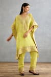 Buy_Torani_Yellow Silk Crepe Hand Embroidered Gul Mina Aaira Kaftan And Pant Set  _at_Aza_Fashions