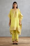 Torani_Yellow Silk Crepe Hand Embroidered Gul Mina Aaira Kaftan And Pant Set  _Online_at_Aza_Fashions