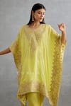 Buy_Torani_Yellow Silk Crepe Hand Embroidered Gul Mina Aaira Kaftan And Pant Set  _Online_at_Aza_Fashions