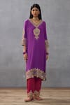 Buy_Torani_Purple Slub Silk Hand Embroidered Dori Gul Rez Qashi Kurta And Pant Set  _at_Aza_Fashions