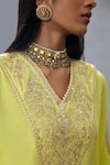 Shop_Torani_Yellow Slub Silk Embroidery Gul Mina Ashni Neckline Kaftan And Pant Set  _Online_at_Aza_Fashions