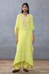 Buy_Torani_Yellow Slub Silk Embroidery Gul Mina Ashni Neckline Kaftan And Pant Set  _at_Aza_Fashions