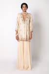 Buy_Labbada_Ivory Kurta Shimmer Cotton Silk Embroidered Pearl V Neck And Sharara Set _at_Aza_Fashions