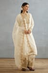 Torani_Ivory Raw Silk Embroidery Dori Notched Gul Bano Pushti Kurta Set  _at_Aza_Fashions