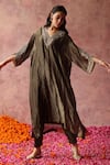 Begum_Green Phiran Zari Tissue Embellished Heer Neckline And Pant Set _at_Aza_Fashions