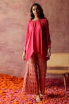 Buy_Begum_Fuchsia Top Satin Embroidered Sequin Round Collar Rene And Pant Set _at_Aza_Fashions