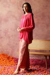 Buy_Begum_Fuchsia Top Satin Embroidered Sequin Round Collar Rene And Pant Set _Online_at_Aza_Fashions