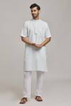 Buy_Arihant Rai Sinha_White Linen Mandarin Collar Woven Kurta _at_Aza_Fashions