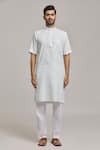 Arihant Rai Sinha_White Linen Mandarin Collar Woven Kurta _Online_at_Aza_Fashions