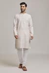 Buy_Arihant Rai Sinha_Grey Cotton, Linen Band Collar Plain Kurta Set _at_Aza_Fashions