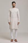Buy_Arihant Rai Sinha_Grey Cotton, Linen Band Collar Plain Kurta Set _Online_at_Aza_Fashions