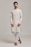 Shop_Arihant Rai Sinha_Grey Cotton, Linen Band Collar Plain Kurta Set _Online_at_Aza_Fashions