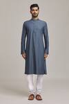 Arihant Rai Sinha_Blue 100% Cotton Pinstripe Pattern Band Collar Kurta _Online_at_Aza_Fashions