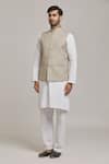 Arihant Rai Sinha_Brown Linen Blend Textured Checkered Pattern Bundi _Online_at_Aza_Fashions