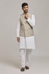 Buy_Arihant Rai Sinha_Brown Linen Blend Textured Checkered Pattern Bundi _Online_at_Aza_Fashions