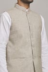 Shop_Arihant Rai Sinha_Brown Linen Blend Textured Checkered Pattern Bundi _Online_at_Aza_Fashions