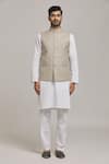 Arihant Rai Sinha_Brown Linen Blend Textured Checkered Pattern Bundi _at_Aza_Fashions