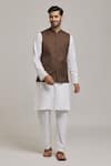 Buy_Arihant Rai Sinha_Brown Linen Blend Plain Mandarin Collar Bundi _at_Aza_Fashions