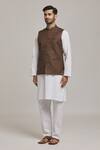 Arihant Rai Sinha_Brown Linen Blend Plain Mandarin Collar Bundi _Online_at_Aza_Fashions