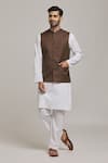 Buy_Arihant Rai Sinha_Brown Linen Blend Plain Mandarin Collar Bundi _Online_at_Aza_Fashions