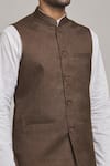 Shop_Arihant Rai Sinha_Brown Linen Blend Plain Mandarin Collar Bundi _Online_at_Aza_Fashions