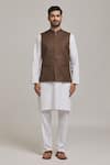 Arihant Rai Sinha_Brown Linen Blend Plain Mandarin Collar Bundi _at_Aza_Fashions