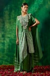 Shop_Pink City by Sarika_Green Silk Printed Tie-dye Round Yoke Embroidered Cape And Draped Set _at_Aza_Fashions