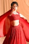 Buy_Aakansha Gupta_Red Silk, Organza Sequins, Pearls, Embroidery Square Neck Bridal Lehenga Set 
