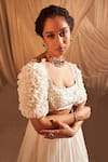 Buy_Aakansha Gupta_Ivory Organza, Net, Silk Pearls, Sequins, Embroidery Square Floral Lehenga Set _Online_at_Aza_Fashions