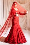 Buy_Aakansha Gupta_Red Organza Embroidery French Knots Notched Rose Petal Lehenga Set _at_Aza_Fashions