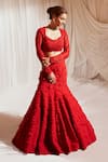 Aakansha Gupta_Red Organza Embroidery French Knots Notched Rose Petal Lehenga Set _Online_at_Aza_Fashions
