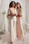 Buy_Aakansha Gupta_Peach Silk Beads, Sequins, Cut Work Boat Neck Embroidered Cape Pant Set _at_Aza_Fashions
