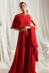 Buy_Aakansha Gupta_Red Crepe Embroidery Cutdana Round High Neck Ella Yoke Jumpsuit _at_Aza_Fashions