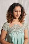 Aakansha Gupta_Blue Satin Embroidery Bead Cutwork Tiffany Neckline Dress _Online_at_Aza_Fashions