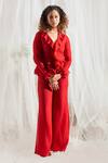 Buy_Aakansha Gupta_Red Organza Plain V Neck Noa Ruffle Top And Flared Pant Set _at_Aza_Fashions