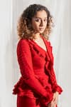 Aakansha Gupta_Red Organza Plain V Neck Noa Ruffle Top And Flared Pant Set _Online_at_Aza_Fashions