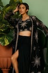 Shop_Midushi Bajoria_Black Jacket Organza Embroidery Kasab Jacket Open Geometric And Skirt Set _Online_at_Aza_Fashions