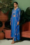 Shop_Midushi Bajoria_Blue Jacket Organza Embroidery Floral Pattern And Draped Skirt Set _at_Aza_Fashions