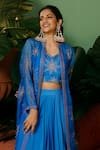 Buy_Midushi Bajoria_Blue Jacket Organza Embroidery Floral Pattern And Draped Skirt Set _Online_at_Aza_Fashions